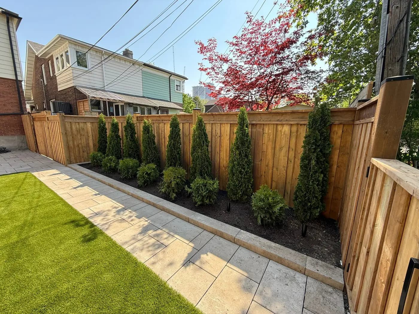 Vertical board wood privacy fence with a cap rail, a row of young cedars in a mulched strip, a stone walkway and new lawn