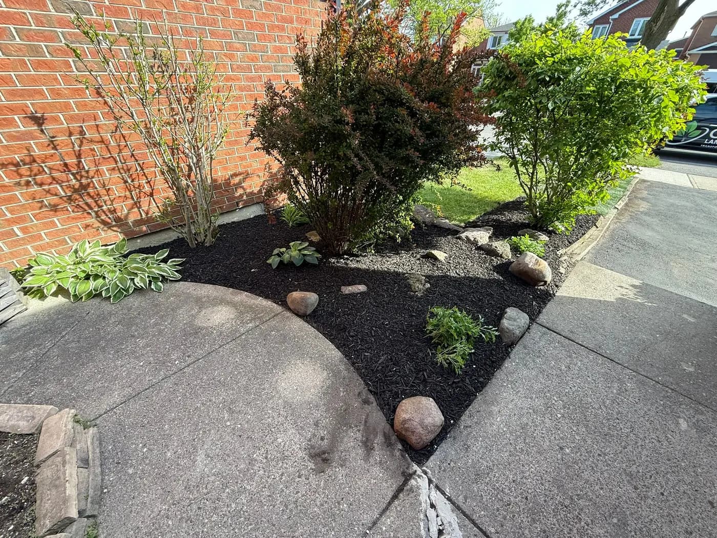The same front corner bed cleared and re-cut to a curve, with fieldstone boulders and fresh dark mulch