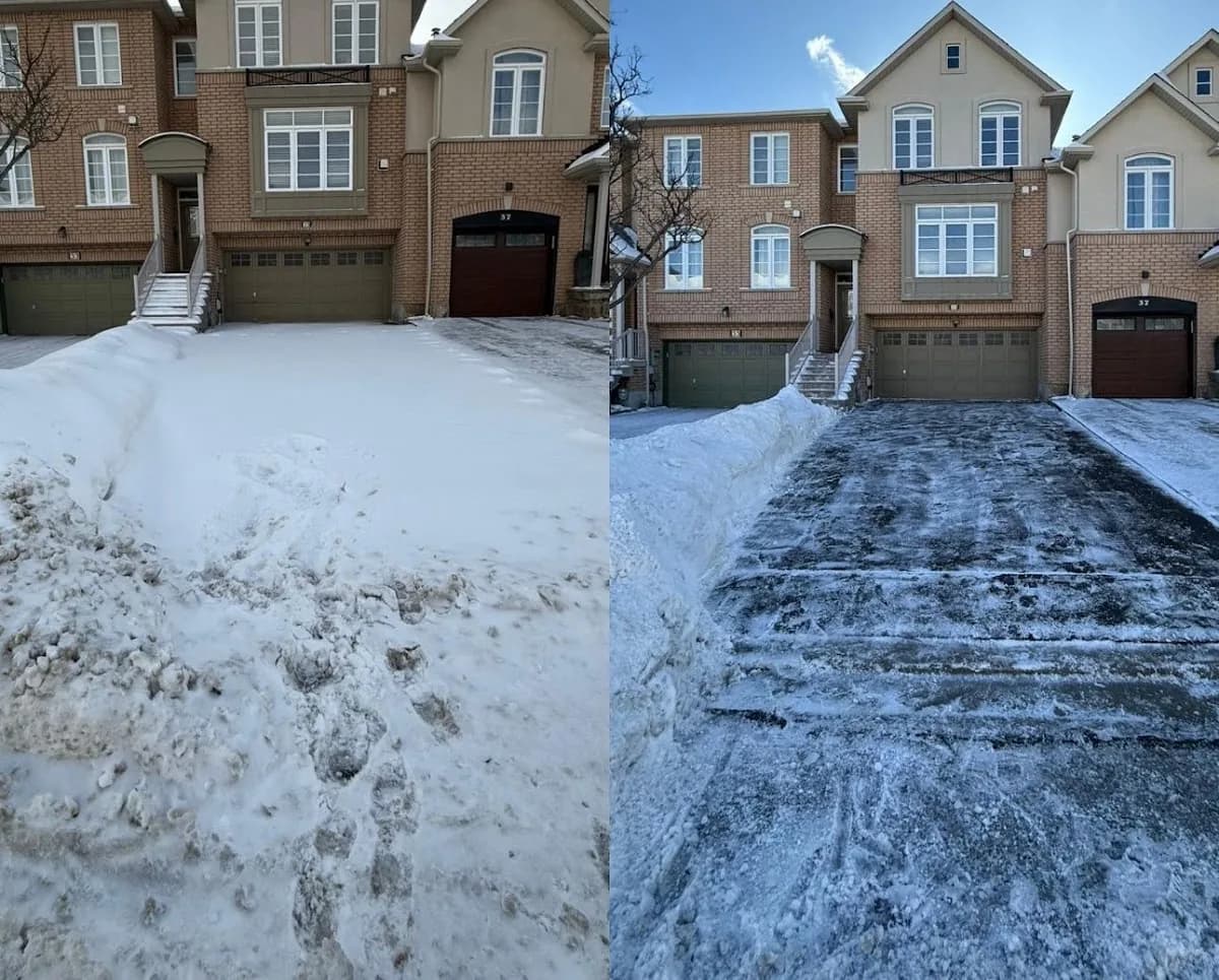 Residential townhouse driveway before and after winter clearing, showing packed rutted snow cleared down to the pavement